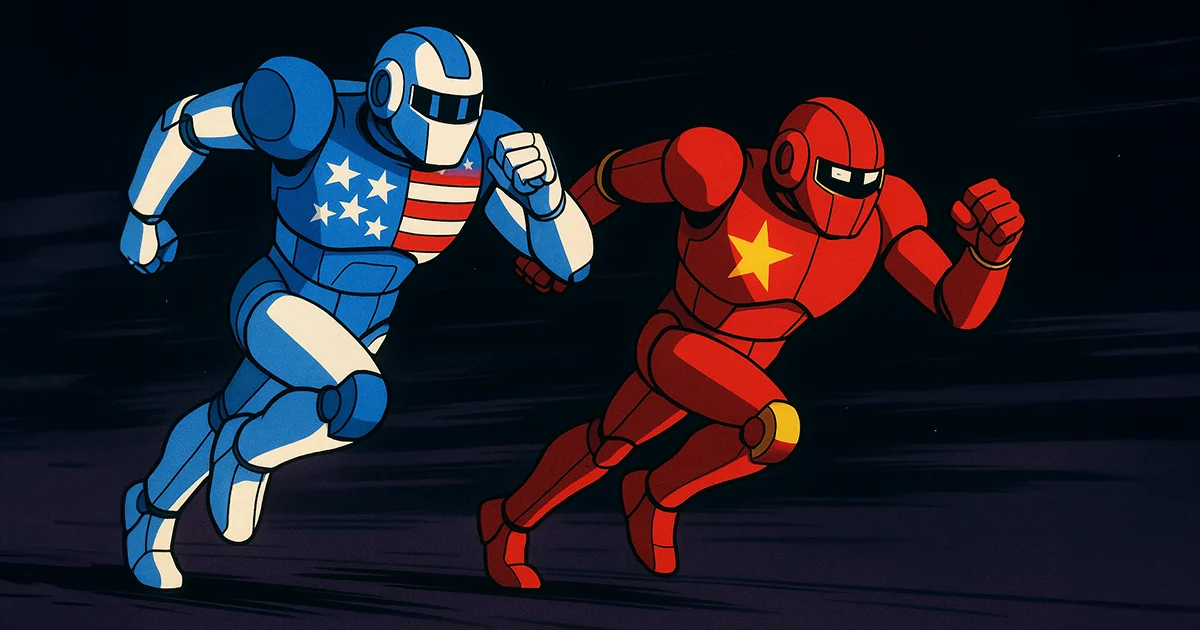 Ein USA Roboter läuft gegen einen China Roboter